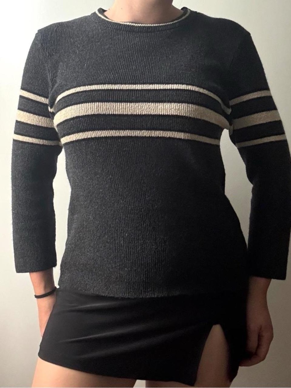 Basic Editions dark grey and cream striped ribbed knit crew neck sweater top